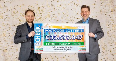 Die Geschäftsführer der Deutschen Postcode Lotterie Robert Engel (links) und Sascha Maas präsentieren die Fördersumme für 2020. Foto: Postcode Lotterie
